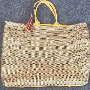 Atenti USA Made Woven Tote Bag Tan Black Vegan Leather‎ Tassel Large Handmade